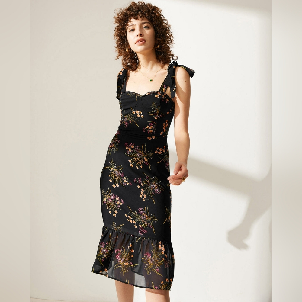 Rihoas Black Tie Shoulder Floral Faux Chiffon Midi Dress Reformation Dupe size M